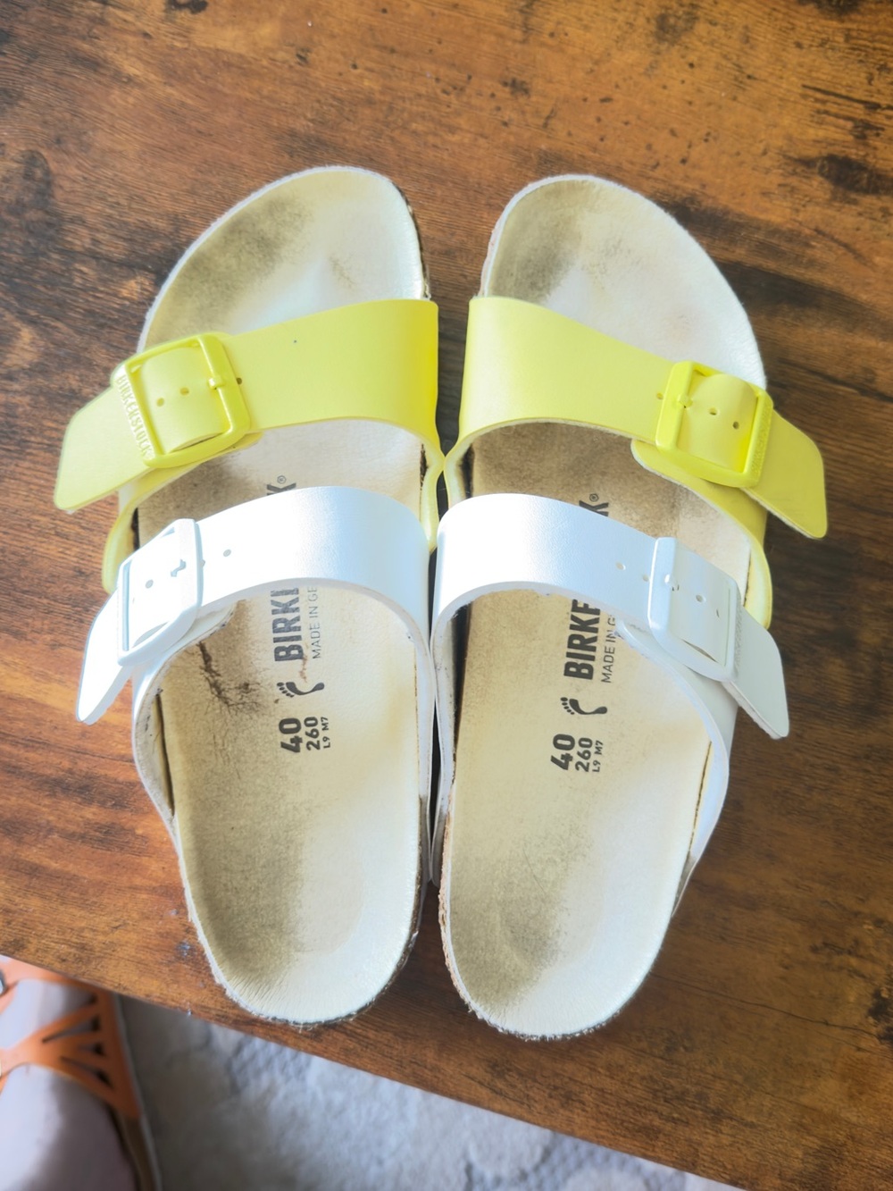 Birkenstock White & Yellow Slide Sandals with Contoured Cork Footbed - Picture 3 of 3